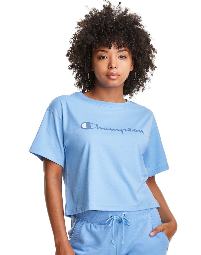 Champion Dame T-Shirts LyseBlå - Cropped Script Logo - Danmark YLS-984652